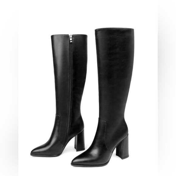 Knee High Boots Pointed Toe Chunky Gogo Boots Zipper Block Heeled Tall Dress 7.5 - Picture 1 of 10